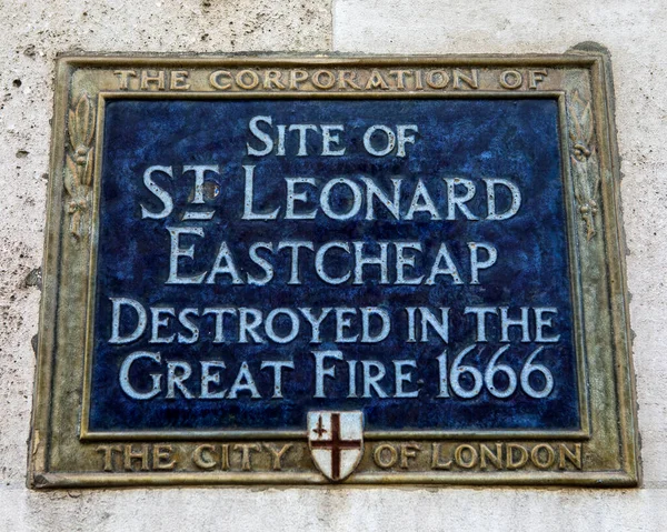 Plaque Situated Monument London Marking Location Leonard Eastcheap Church Once — Zdjęcie stockowe