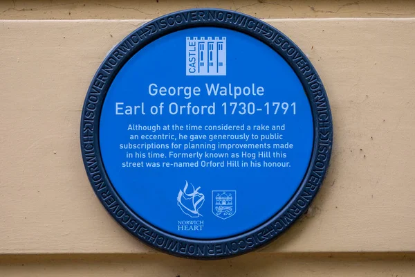 Norwich Reino Unido Maio 2022 Placa Dedicada George Walpole Conde — Fotografia de Stock