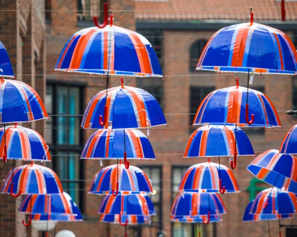 York June 6Th 2022 Close Union Flag Umbrellas Hanging City — Stockfoto