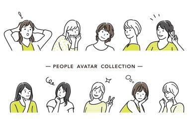 People Avatar Vector Line Drawing Collection. Set Of Young Women Simple Flat Illustration Isolated On a white background.  clipart