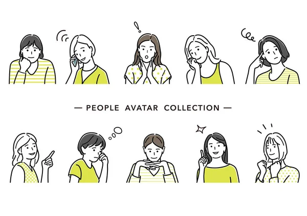 Gente Colección Dibujo Línea Vectorial Avatar Conjunto Mujeres Jóvenes Simple — Vector de stock