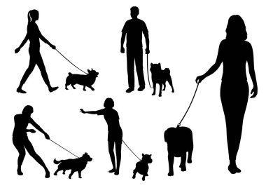 Tasmalı köpek gezdirme seti. Vektör Silueti Resimleri Beyaz Arkaplanda İzole Edildi.