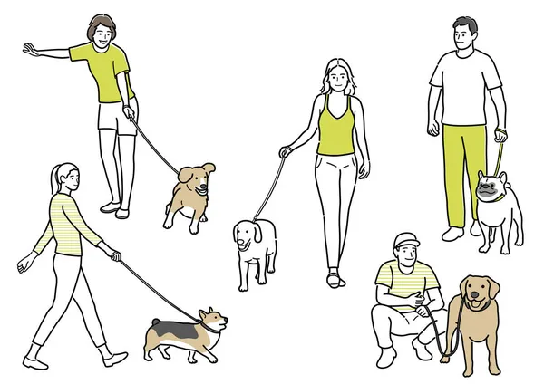 Conjunto Passeadores Cães Felizes Com Seus Animais Estimação Trelas Desenhos — Vetor de Stock