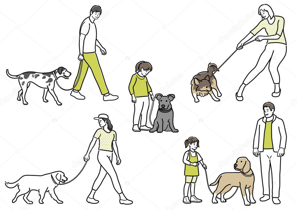 Set Of Happy Dog Walkers With Their Pets On Leashes. Vector Simple Flat Line Drawings Isolated On A White Background.