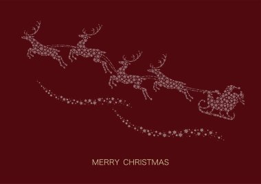 Noel Baba ve Ren Geyikleri Kızıl Arkaplan 'da izole edilmiş kar tanesi desenli. Noel Sembol Vektörü İllüstrasyonu.