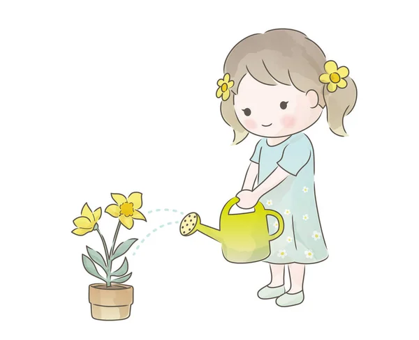 Aquarela Bonito Menina Regando Vasos Plantas Isoladas Fundo Branco Ilustração —  Vetores de Stock
