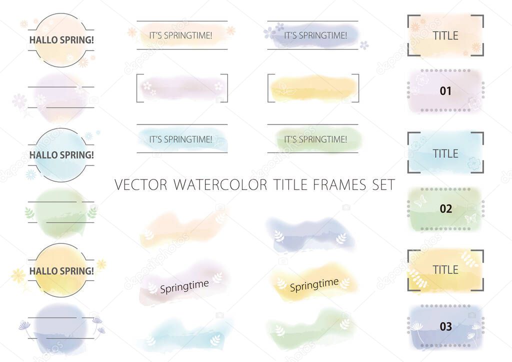 Vector Springtime Watercolor Title Frame Set Isolated On A White Background. 