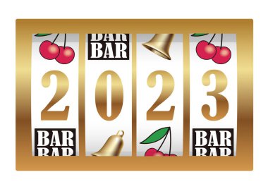 Yıl 2023 Slot makinesinde yeni yılı kutlarken gösterildi. Vektör Resimleri Beyaz Arkaplanda İzole Edildi. 