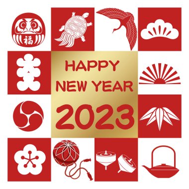 2023 Yılının Yeni Yıl Vekil Selamlama Sembolü. Beyaz bir arka planda izole edilmiş Japon klasik şans tılsımlarıyla. Metin Çevirisi - Şans. Dolu Ev. 