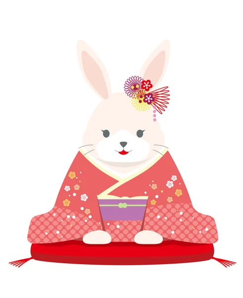 Año Mascota Del Conejo Vestida Con Kimono Japonés Ofreciendo Sus — Vector de stock