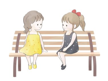 Bir bankta oturup sohbet eden suluboya kızlar. Vektör Resimleri Beyaz Arkaplanda İzole Edildi.
