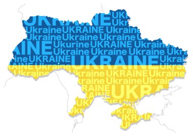 Ukrayna haritası, ülkenin şekli, ülke adı ve ulusal bayrağın renklerinden oluşmaktadır. Vektör Resimleri Beyaz Arkaplanda İzole Edildi.