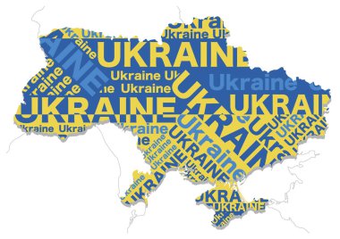 Ukrayna haritası, ülkenin şekli, ülke adı ve ulusal bayrağın renklerinden oluşmaktadır. Vektör Resimleri Beyaz Arkaplanda İzole Edildi.