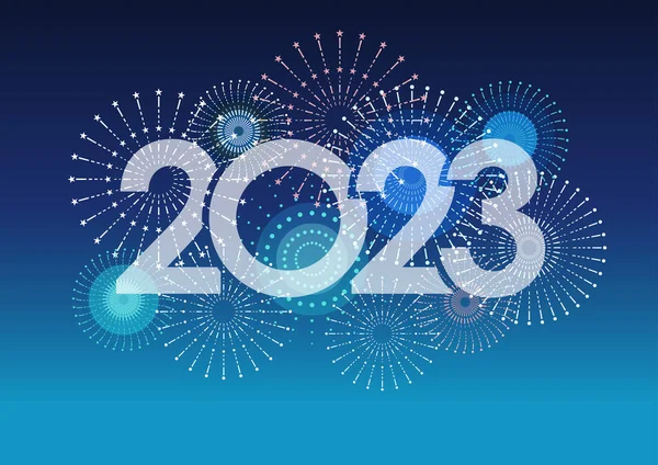 2023 yılı logosu ve mavi arka planda mesaj alanı olan havai fişekler. Yeni Yılı Kutlayan Vektör illüstrasyonu. 
