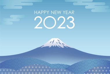 The Year 2023 New Year's Greeting Card Vector Template With Blue Sky And Mt. Fuji Decorated With Vintage Japanese Patterns.