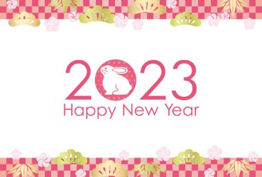 The Year 2023, The Year Of The Rabbit, Greeting Card Template Decorated With Japanese Auspicious Charms And Patterns. 