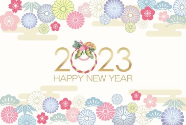 The Year 2023 Greeting Card Vector Template Decorated With Japanese Vintage Auspicious Charms. 