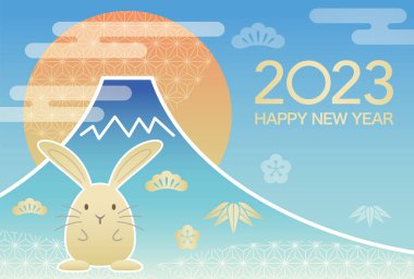2023, Year of the Rabbit, New Year's Greeting Card Vector Template With Mt. Fuji, Rising Sun, And A Rabbit Mascot.