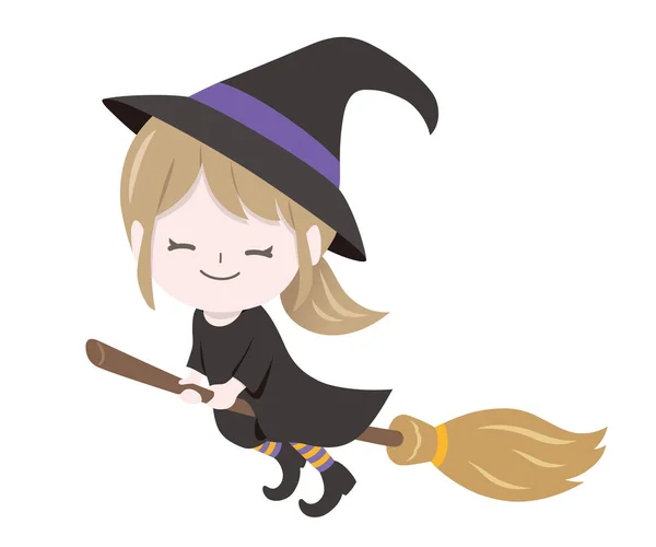 Cute Witch Flying Magic Brooms Isolated White Background Vector Halloween — Stock Vector