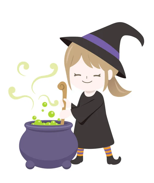 Cute Witch Making Magic Potions Isolated White Background Vector Halloween — Stock Vector