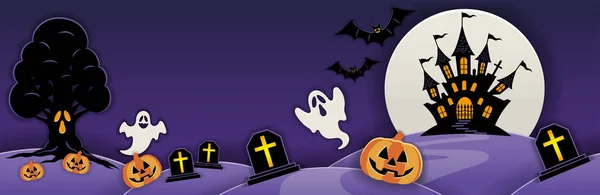 Nahtlose Happy Halloween Vector Hintergrundillustration Mit Haunted Mansion Vollmond Spukbaum — Stockvektor