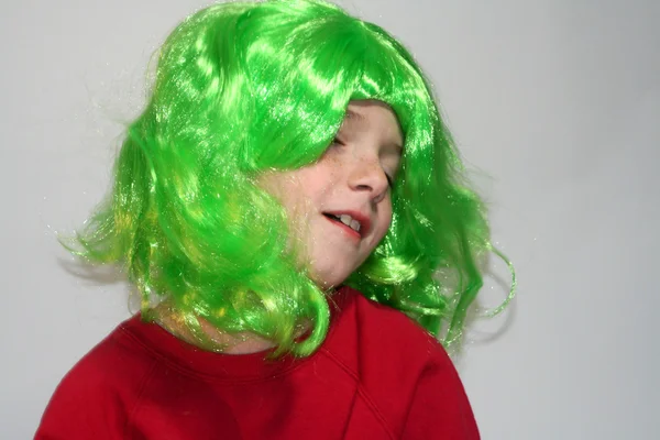 Dreamy Boy in Green Wig — Stock Photo, Image