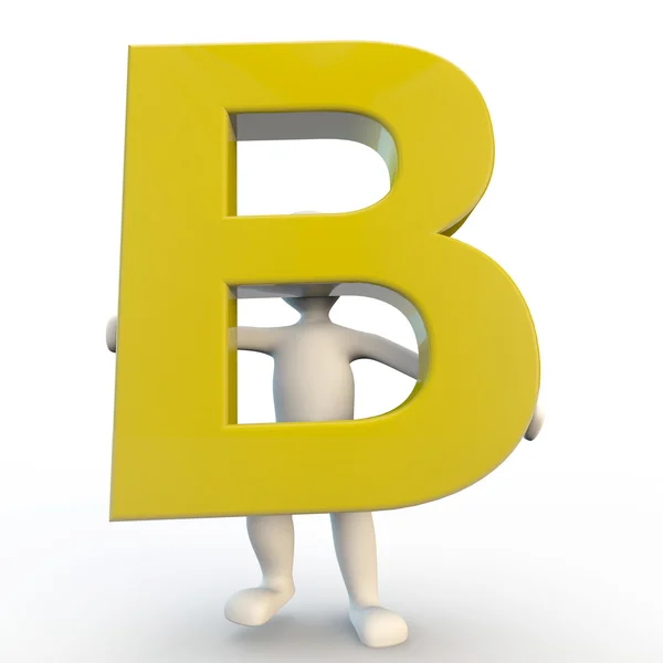 3D Human character holding yellow letter B — Stock Photo, Image