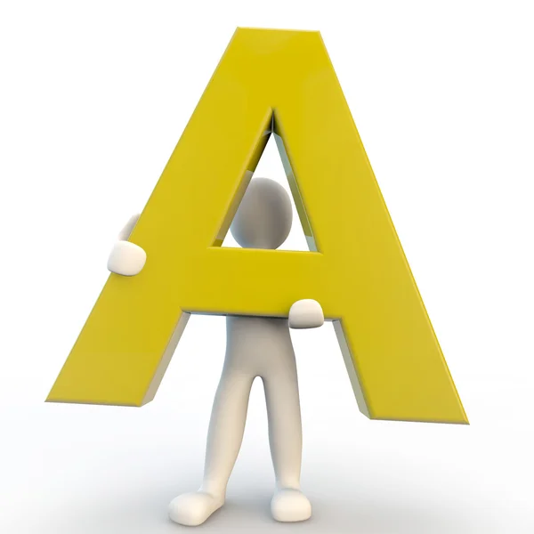 3D Human characater holding yellow letter A — Stock Photo, Image