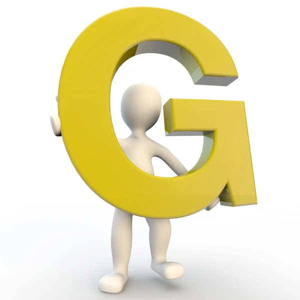 Caráter humano 3D segurando letra amarela G — Fotografia de Stock