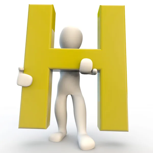 3D Human character holding yellow letter H — Stock Photo, Image