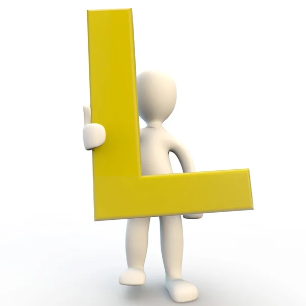 Caráter humano 3D segurando letra amarela L — Fotografia de Stock