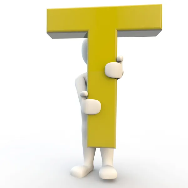 Personagem humano 3D segurando letra amarela T — Fotografia de Stock