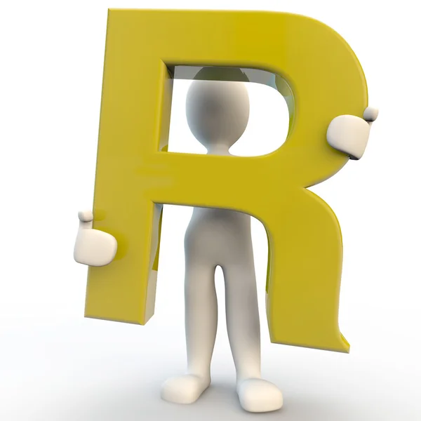 3D Human character holding yellow letter R — Stock Photo, Image