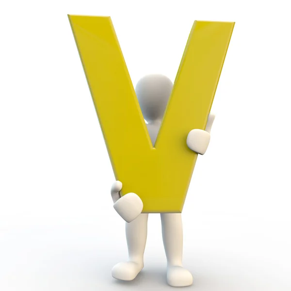 3D Human character holding yellow letter V — Stock Photo, Image