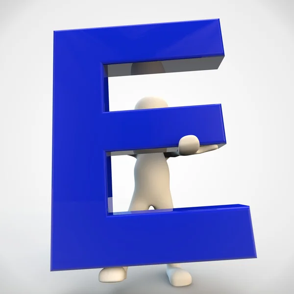 Personaje humano 3D sosteniendo la letra azul E —  Fotos de Stock