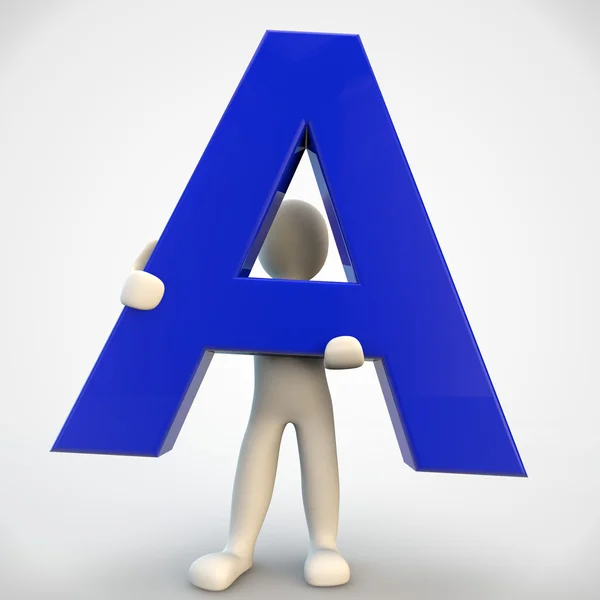 3d menschliche Figur mit blauem Buchstaben a — Stockfoto