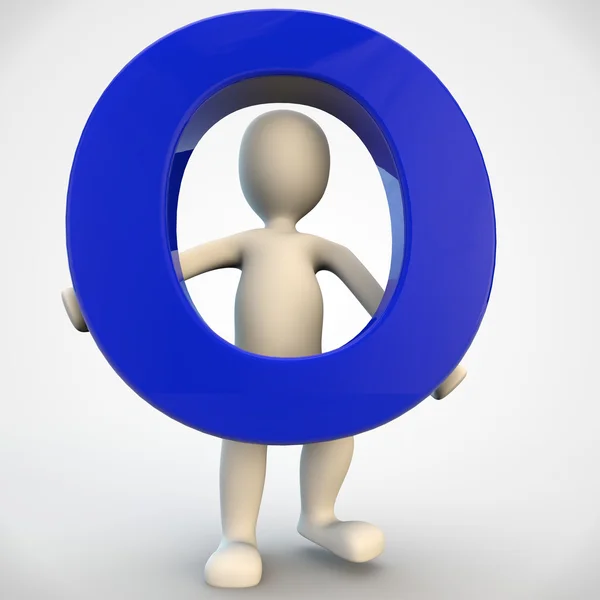 Personaje humano 3D sosteniendo la letra azul O — Foto de Stock