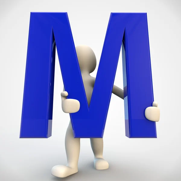 3D ανθρώπινο χαρακτήρα, κρατώντας τα μπλε γράμμα m — Φωτογραφία Αρχείου