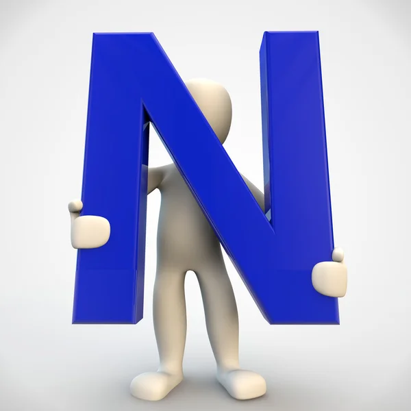 3D ludzkiego charakteru gospodarstwa niebieski literą n — Zdjęcie stockowe