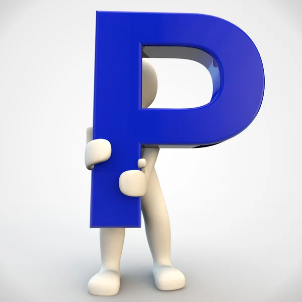 3D ανθρώπινο χαρακτήρα, κρατώντας τα μπλε γράμμα p — Φωτογραφία Αρχείου