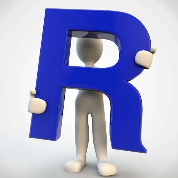 3D human character holding blue letter R — Stock Photo, Image