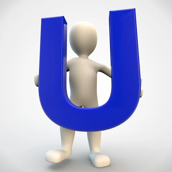 3D ludzkiego charakteru gospodarstwa niebieska litera u — Zdjęcie stockowe