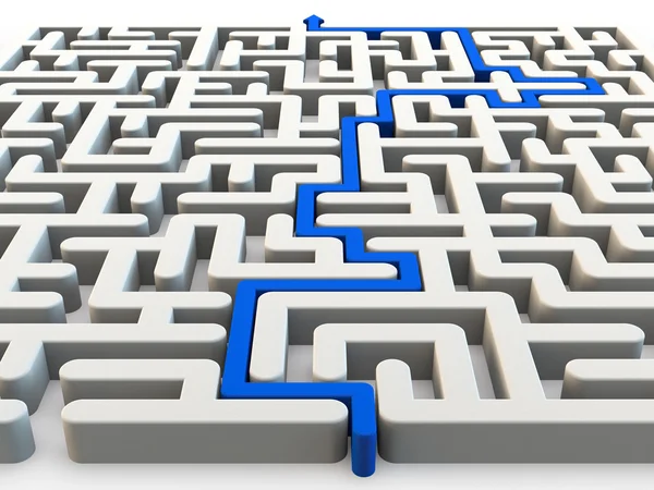 Solved maze with blue arrow — Stock Photo, Image