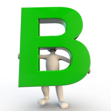3D human character holding green letter B`