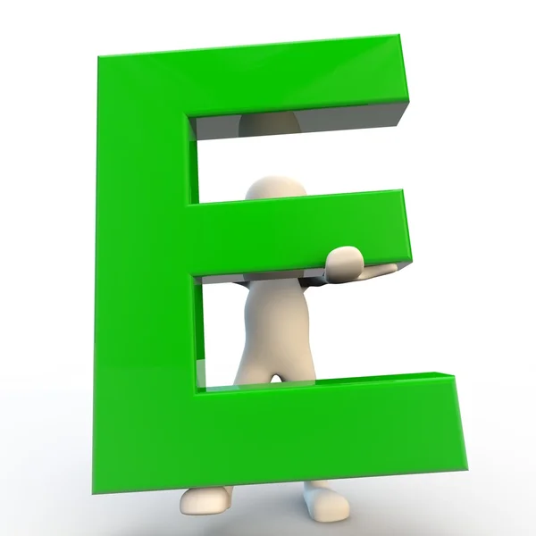 3D-menselijke karakter bedrijf groene letter e — Stockfoto