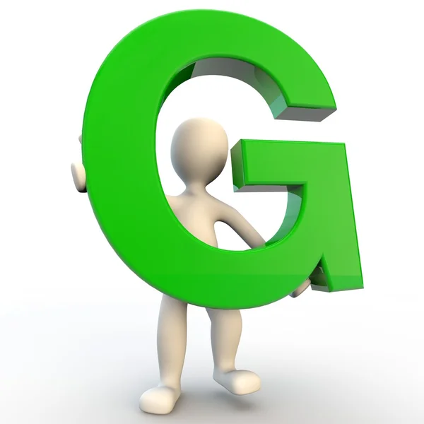 Yeşil mektup g holding 3d insan karakteri — Stok fotoğraf