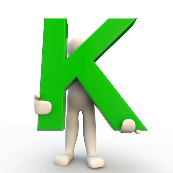 Personagem humano 3D segurando letra verde K — Fotografia de Stock