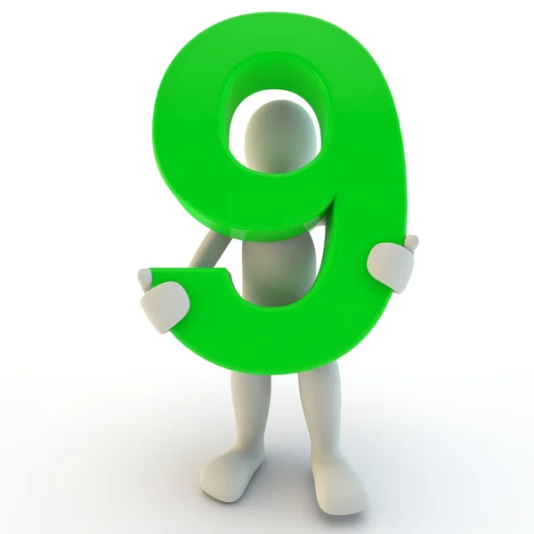 3D human character holding green number 9 — Stock Photo, Image