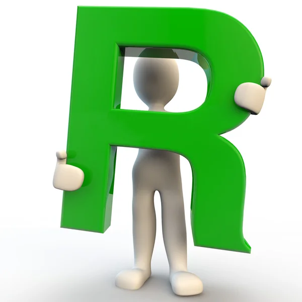 Caractère humain 3D tenant la lettre verte R — Photo