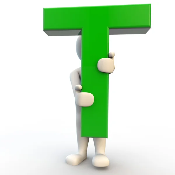 3D human character holding green letter T — Stock Photo, Image